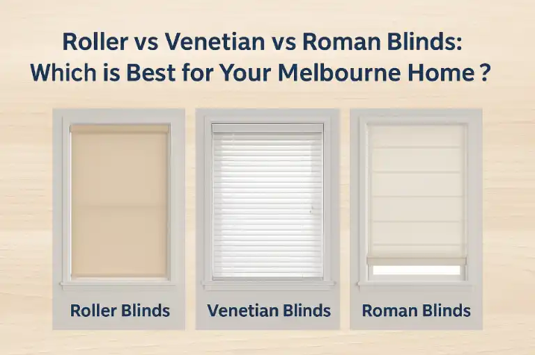 Side-by-side comparison of roller blinds, venetian blinds, and roman blinds on white-framed windows in a Melbourne home