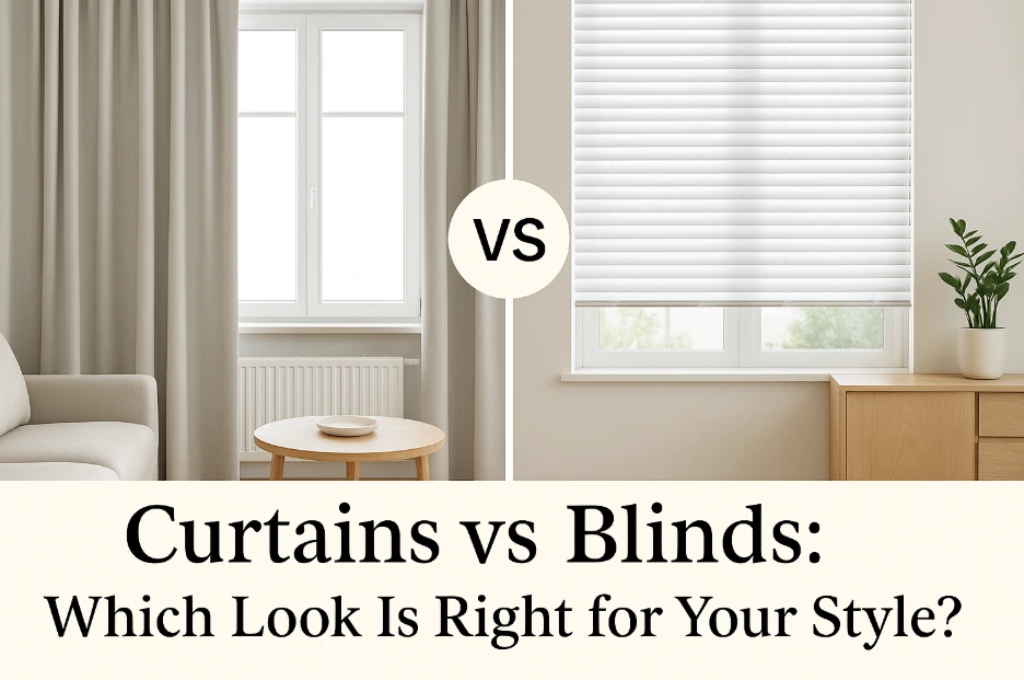 Comparison of curtains and blinds in a modern Melbourne living room, highlighting design contrast between fabric drapery and sleek roller blinds.