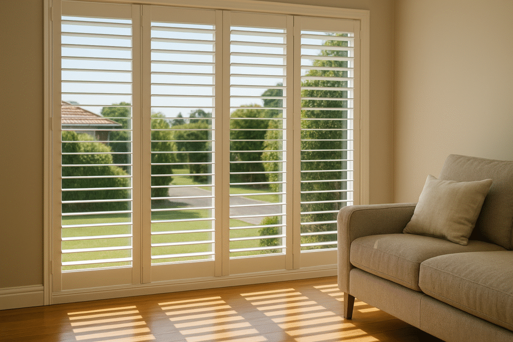 White plantation shutters on large windows in a Melbourne living room with natural sunlight and a beige armchair.