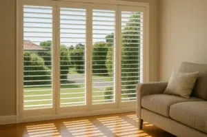 White plantation shutters on large windows in a Melbourne living room with natural sunlight and a beige armchair.