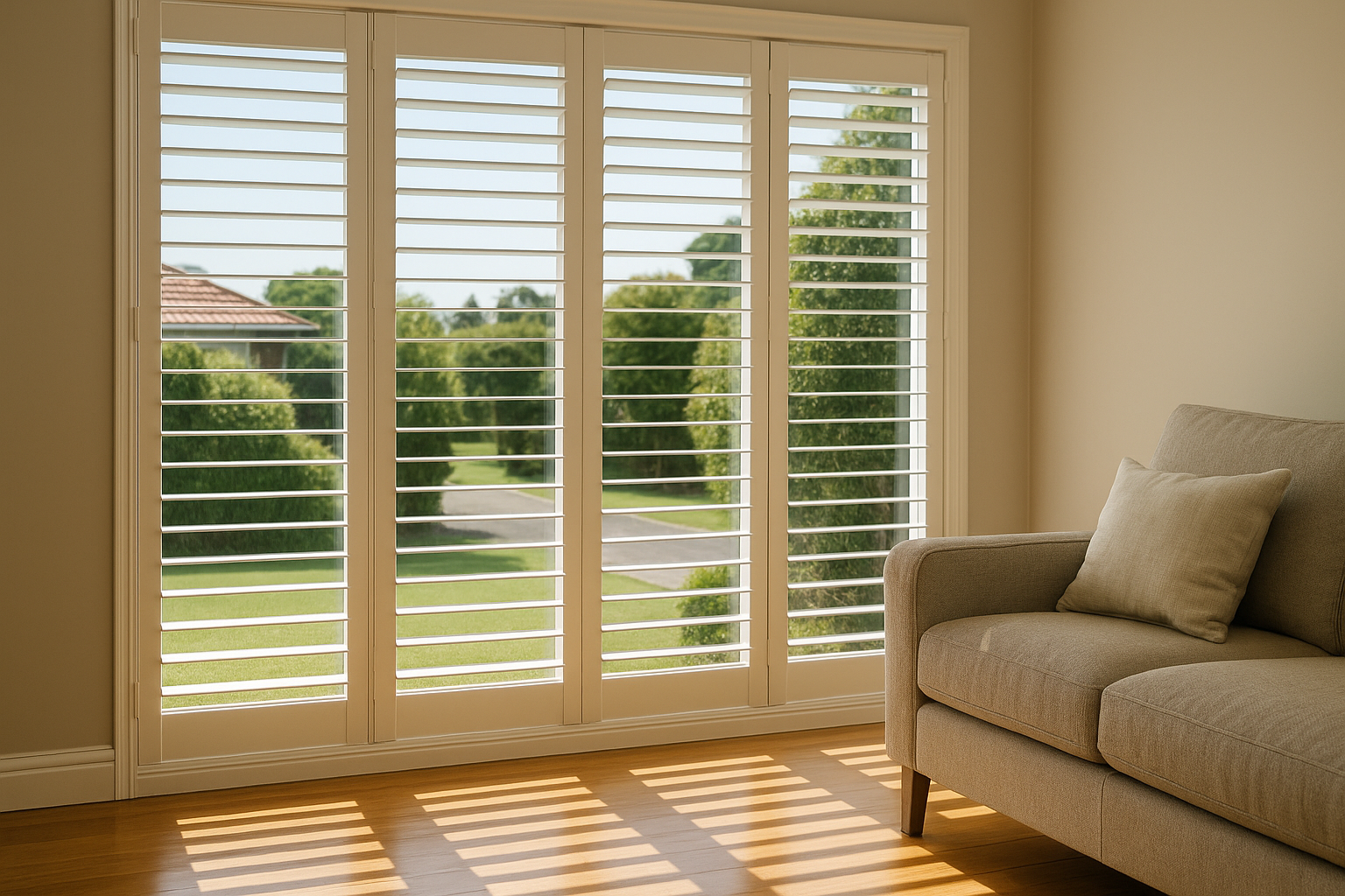 White plantation shutters on large windows in a Melbourne living room with natural sunlight and a beige armchair.