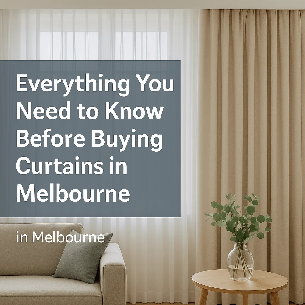 Modern Melbourne living room with sheer and blockout curtains, soft natural lighting, neutral décor, and elegant drapery—header image for a curtain buyer guide.