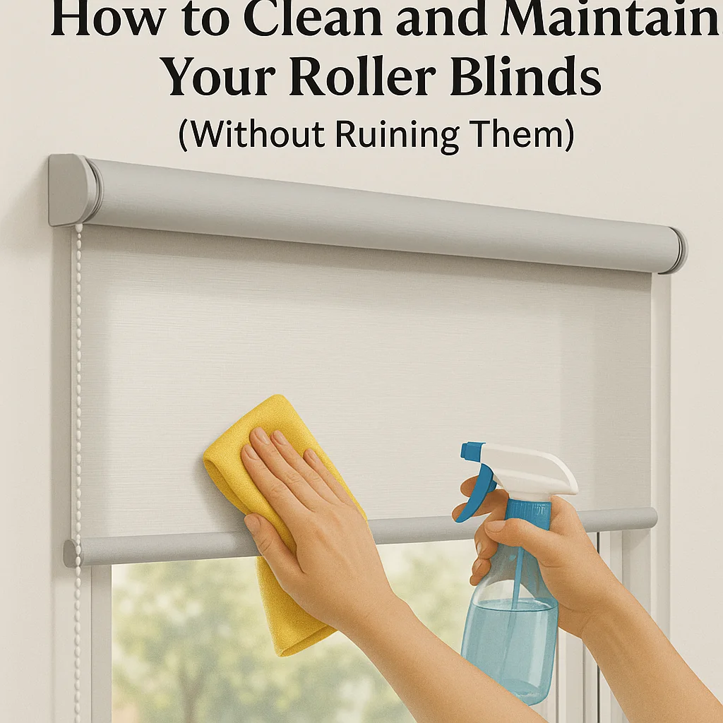 Hands wiping a roller blind with a microfiber cloth and spray bottle, showing the proper way to clean roller blinds safely.