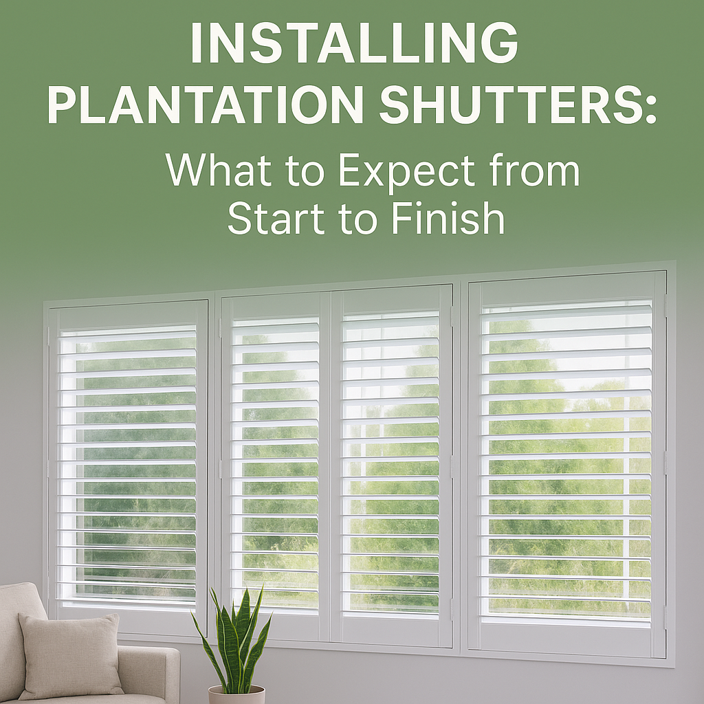 White plantation shutters installed in a bright Melbourne living room with soft natural light and green header text overlay.