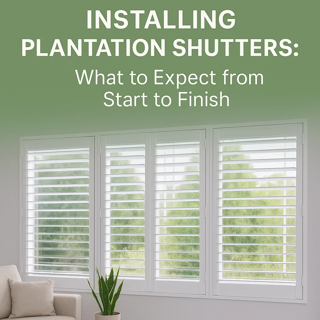 White plantation shutters installed in a bright Melbourne living room with soft natural light and green header text overlay.