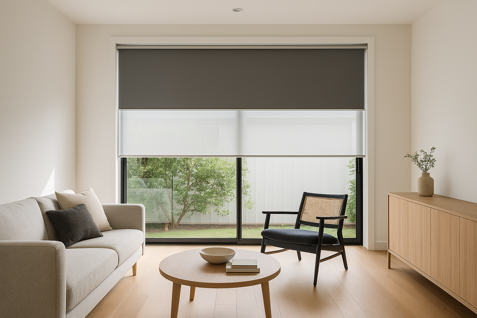 Double roller blinds in a modern Melbourne living room with blockout and sunscreen layers installed over large windows.