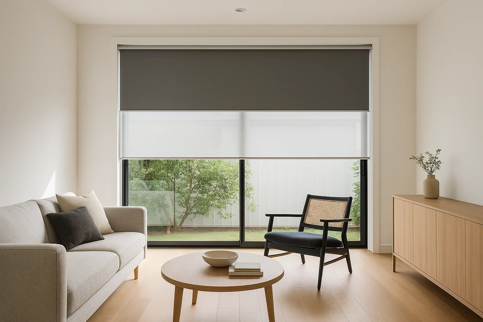 Double roller blinds in a modern Melbourne living room with blockout and sunscreen layers installed over large windows.