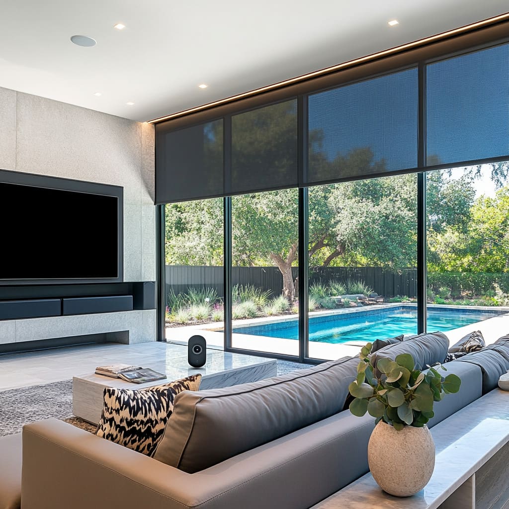 Modern Melbourne living room with motorised roller blinds and smart home integration