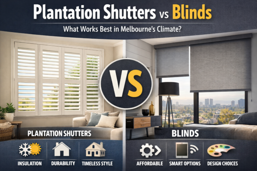 Plantation shutters vs blinds comparison for Melbourne homes, showing insulation, style differences, and suitability for Melbourne’s climate