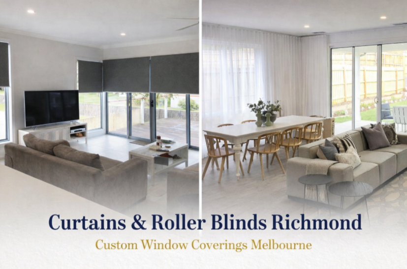 Curtains and roller blinds installed in a Richmond Melbourne living room showing custom window coverings
