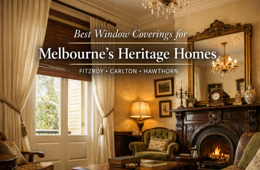 Heritage blinds Melbourne in a Victorian home with timber Venetian blinds and sheer curtains