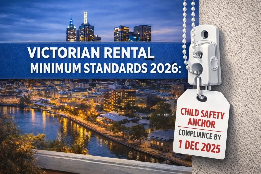 A featured image highlighting Victorian Rental Minimum Standards 2026, showing a child safety anchor installed on window blinds with a compliance deadline of 1 December 2025, set against the Melbourne skyline.