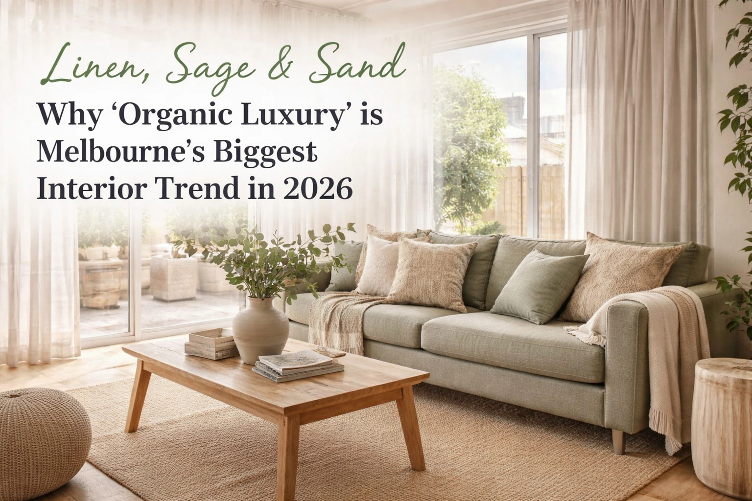Organic luxury interior design in a Melbourne home with linen, sage and sand window coverings