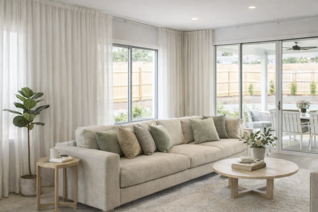 Organic Luxury Living Room Melbourne with Linen Sheer Curtains