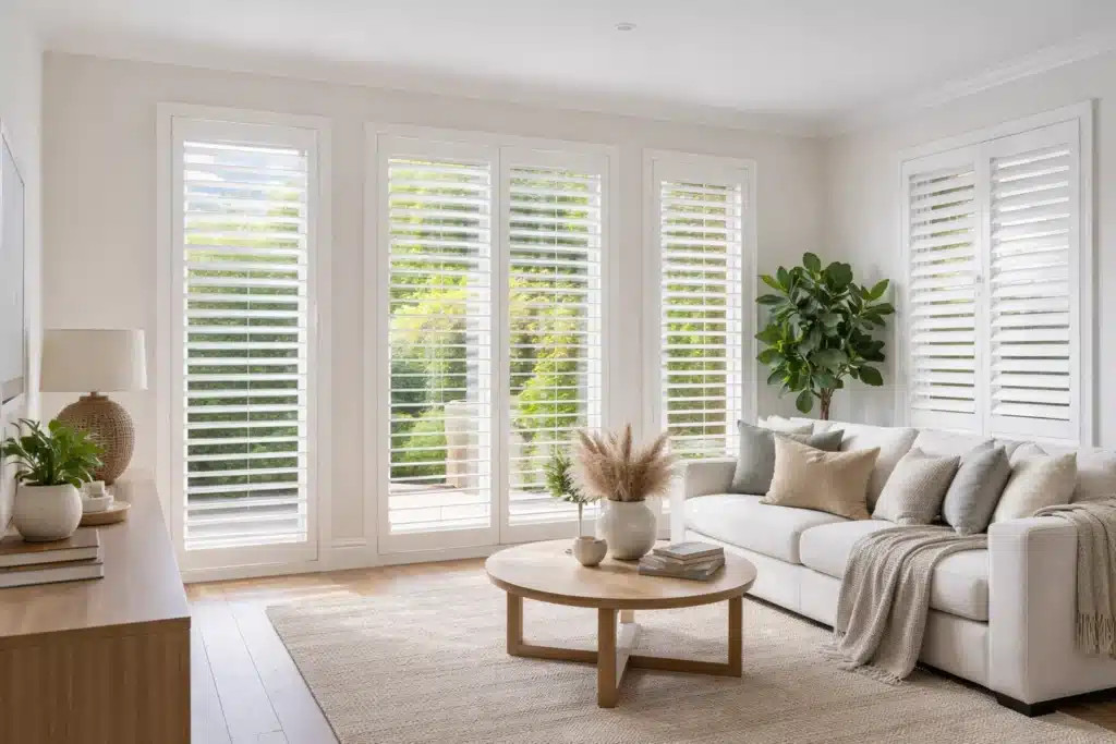 white plantation shutters installed in a modern Melbourne home living room