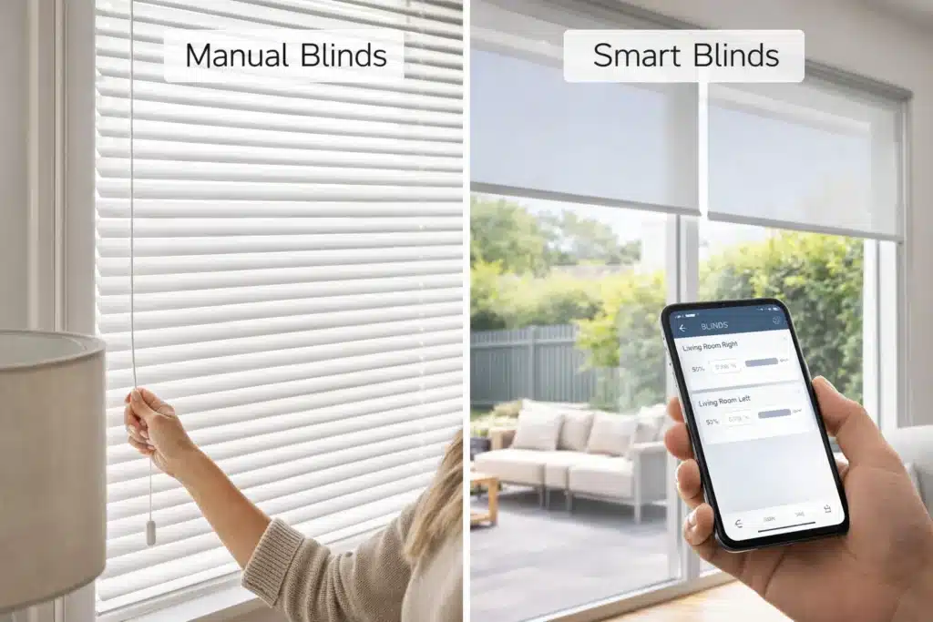 comparison between manual blinds and smart blinds with app control