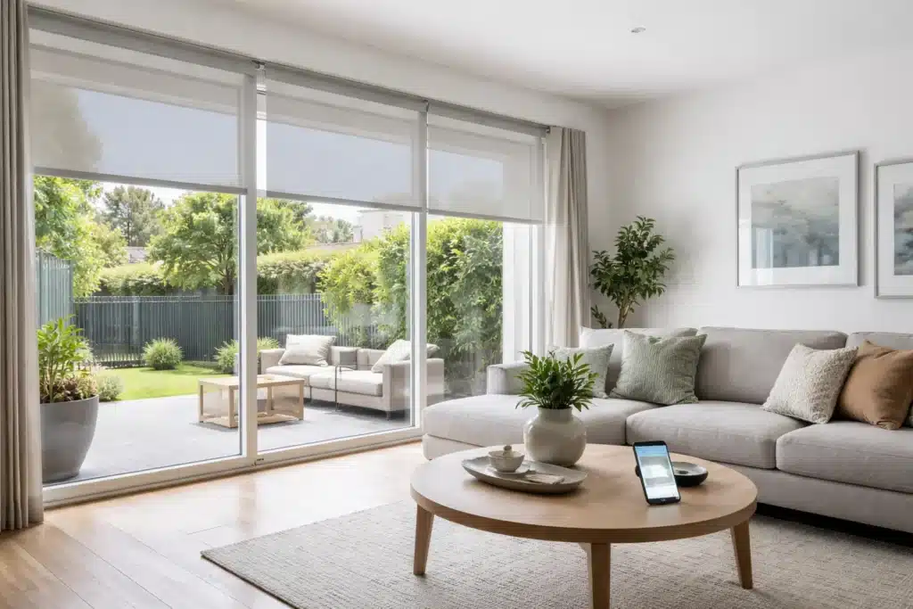 motorised smart blinds installed in a modern Melbourne living room