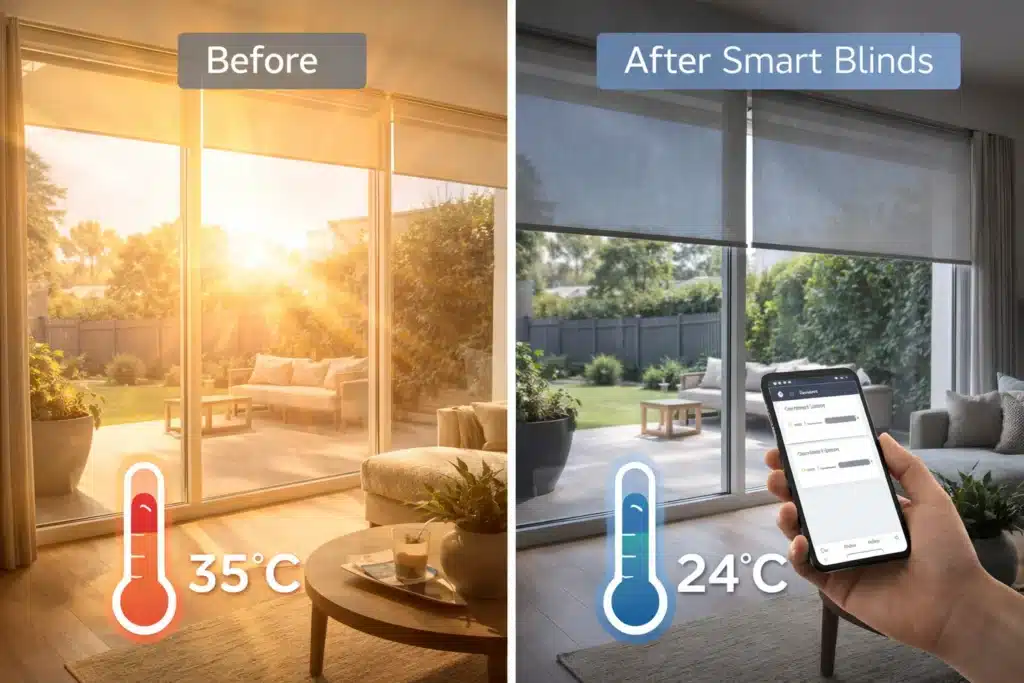 smart blinds automatically adjusting to reduce heat in Melbourne home