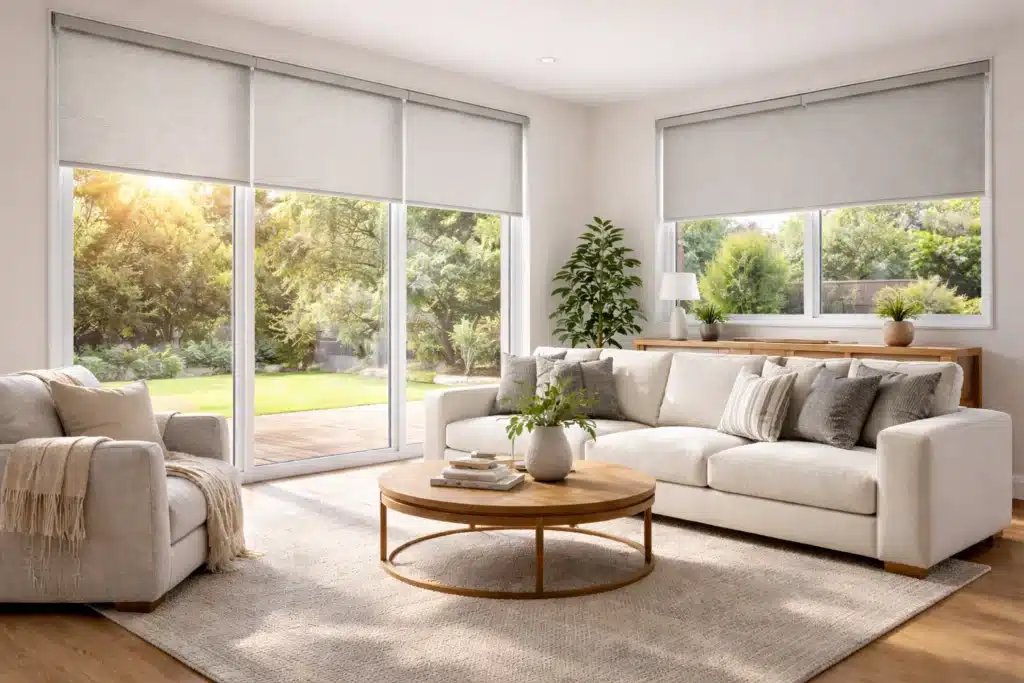 Best blinds for heat protection in Melbourne summer living room with sunlight