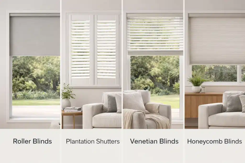 Different types of blinds in Melbourne homes roller plantation shutters venetian honeycomb