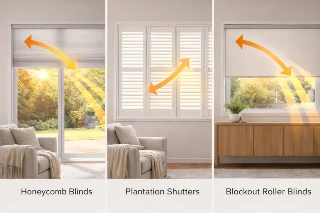 Honeycomb blinds vs plantation shutters vs roller blinds heat protection comparison