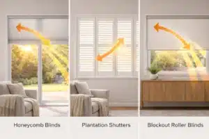 Honeycomb blinds vs plantation shutters vs roller blinds heat protection comparison