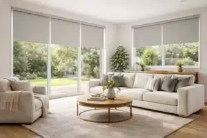 Modern custom blinds in Melbourne living room with natural light