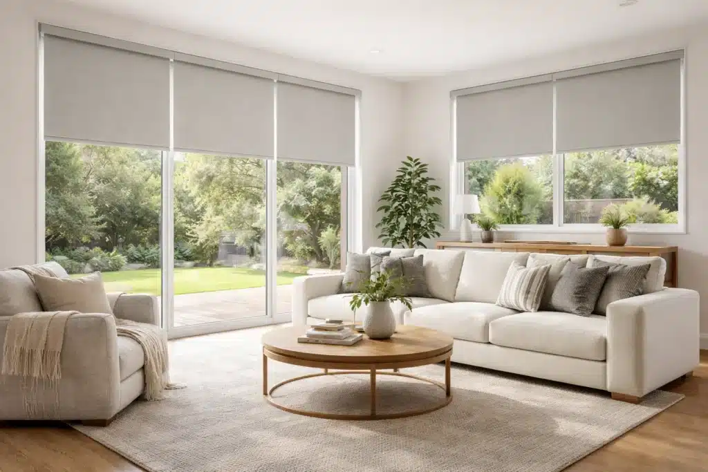 Modern Melbourne living room with custom roller blinds showing natural light and garden views