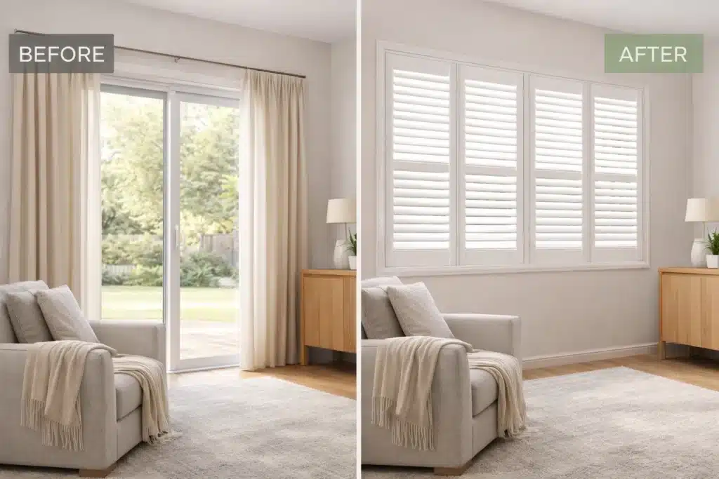 Plantation shutters installation Melbourne before and after home upgrade