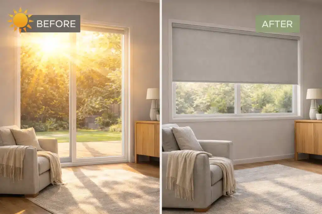 West facing window Melbourne heat problem before and after blinds installation