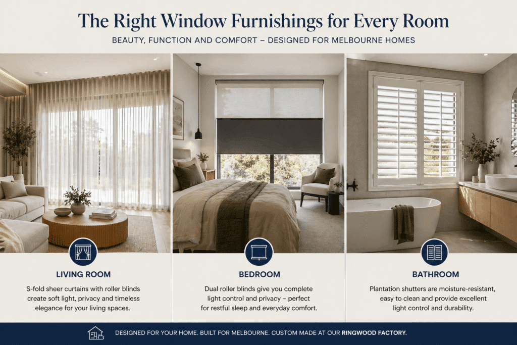 best blinds and curtains for each room in Melbourne homes living bedroom bathroom window furnishings