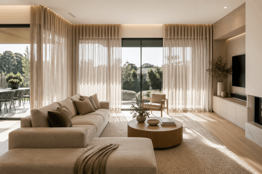 best window furnishings for new homes in Melbourne with sheer curtains and roller blinds in modern living room