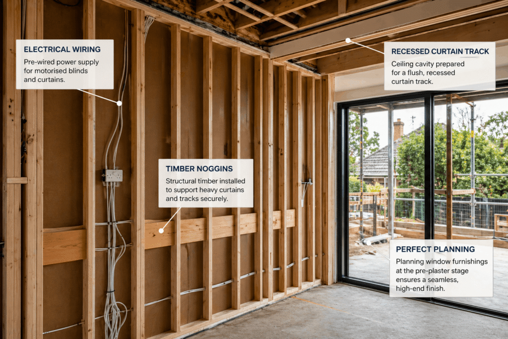 pre plaster window treatment planning Melbourne recessed curtain track and motorised wiring