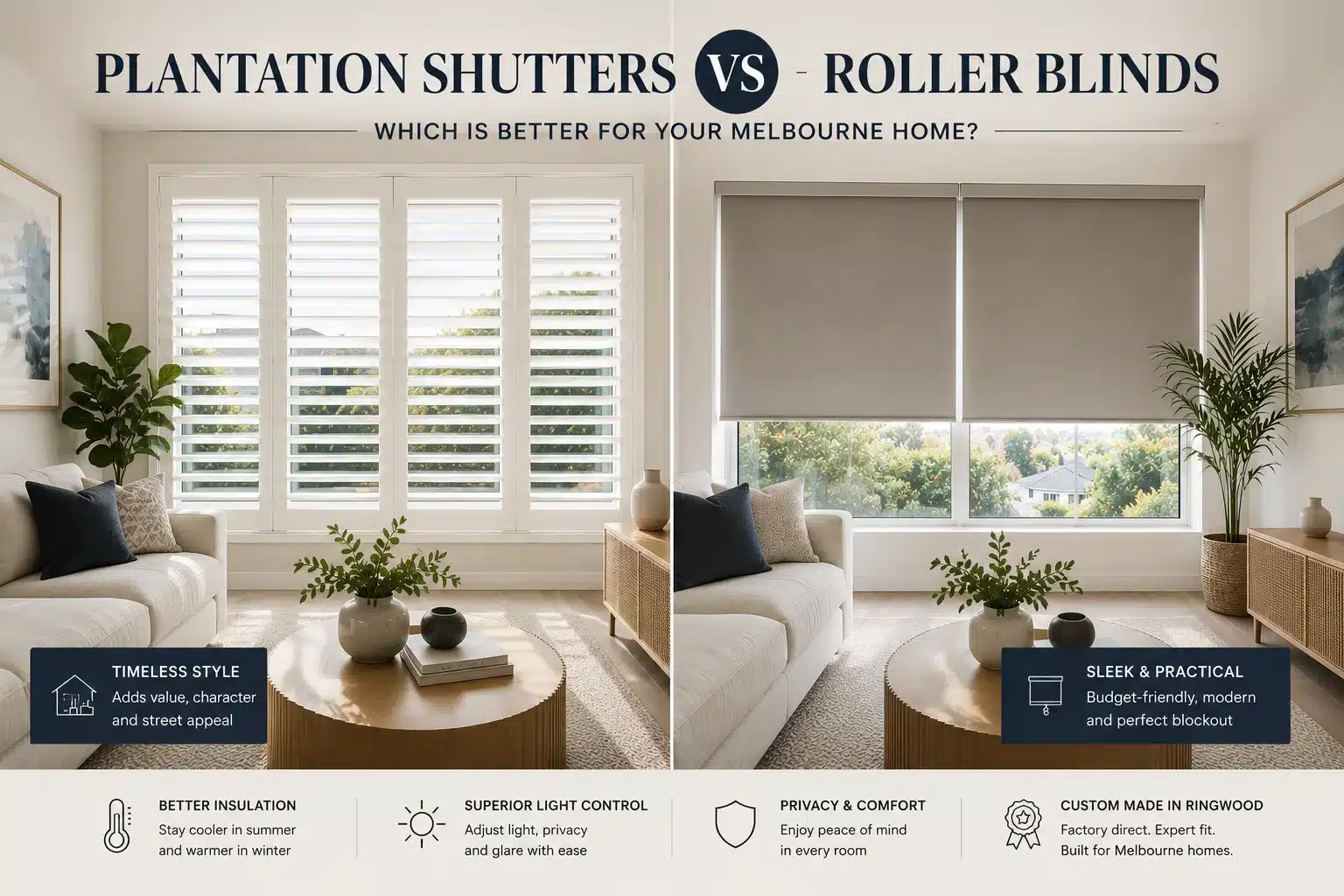 plantation shutters vs roller blinds comparison in modern Melbourne living room