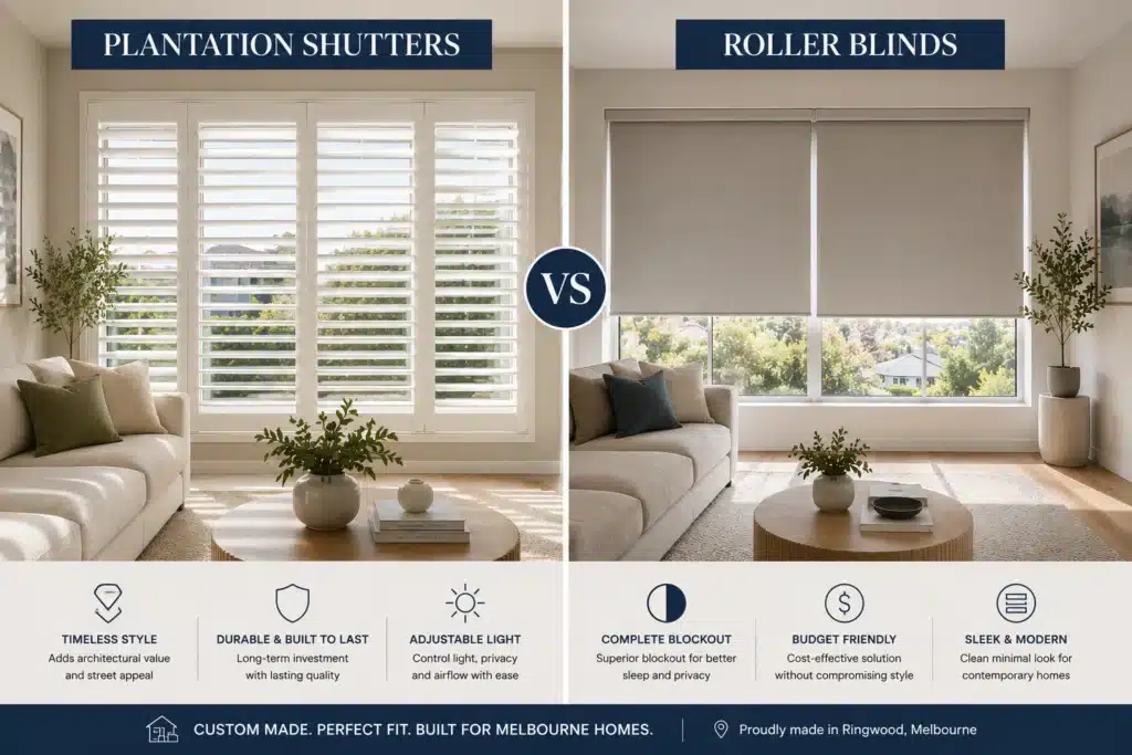 plantation shutters vs roller blinds comparison in modern Melbourne home