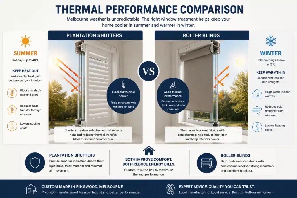 plantation shutters vs roller blinds insulation performance Melbourne weather