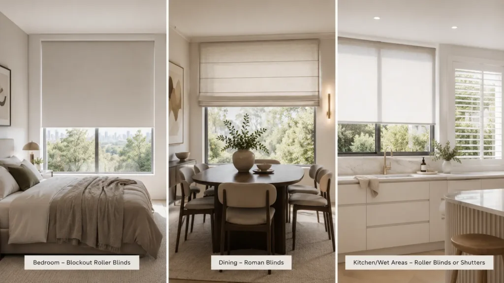 Bedroom roller blinds, dining room Roman blinds, and kitchen window furnishing options for Melbourne homes