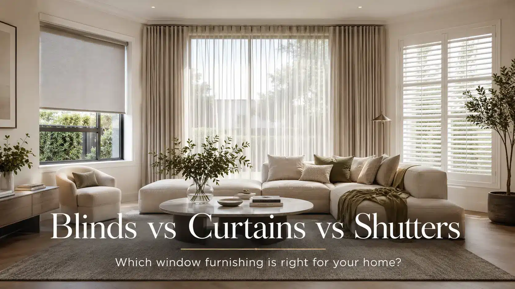 Modern Melbourne living room featuring roller blinds, S-Fold curtains, and plantation shutters for a blinds vs curtains vs shutters comparison guide.
