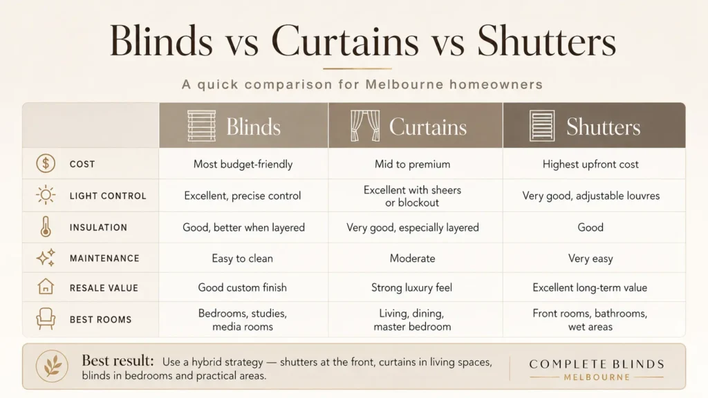 Comparison infographic showing blinds, curtains, and shutters ranked by cost, light control, insulation, maintenance, resale value, and best rooms.