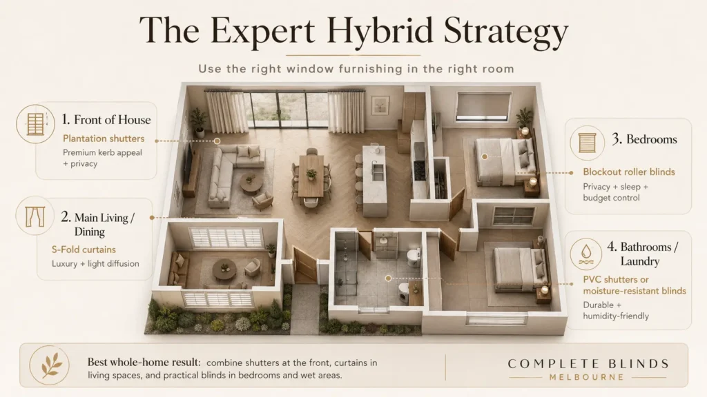 Home layout infographic showing shutters for front rooms, S-Fold curtains for living spaces, roller blinds for bedrooms, and moisture-resistant blinds for bathrooms.