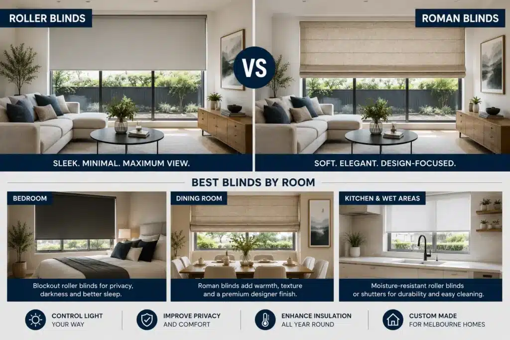 Roller blinds vs Roman blinds comparison showing bedroom, dining room and kitchen window furnishing recommendations for Melbourne homes