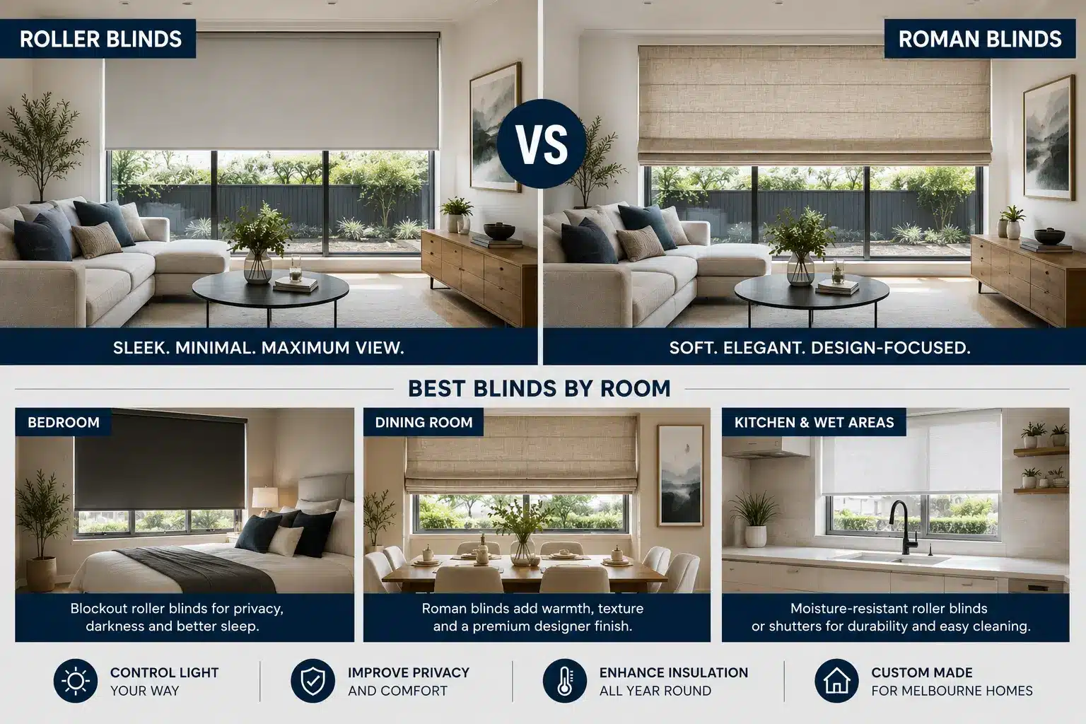 Roller blinds vs Roman blinds comparison showing bedroom, dining room and kitchen window furnishing recommendations for Melbourne homes