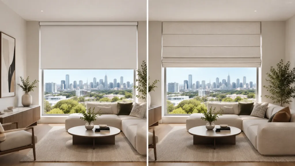 Roller blinds vs Roman blinds comparison in a modern Melbourne living room