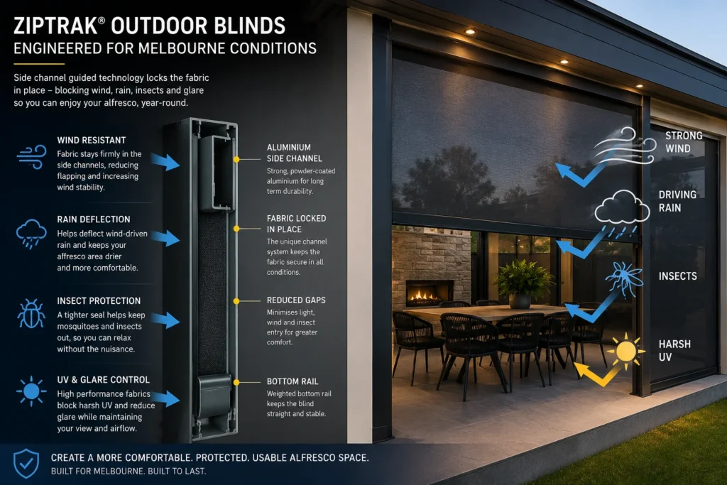 Ziptrak outdoor blinds side channels blocking wind rain and insects in Melbourne alfresco area