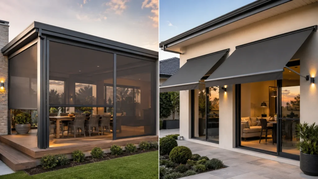 outdoor blinds vs awnings Melbourne alfresco comparison for patios decks and windows