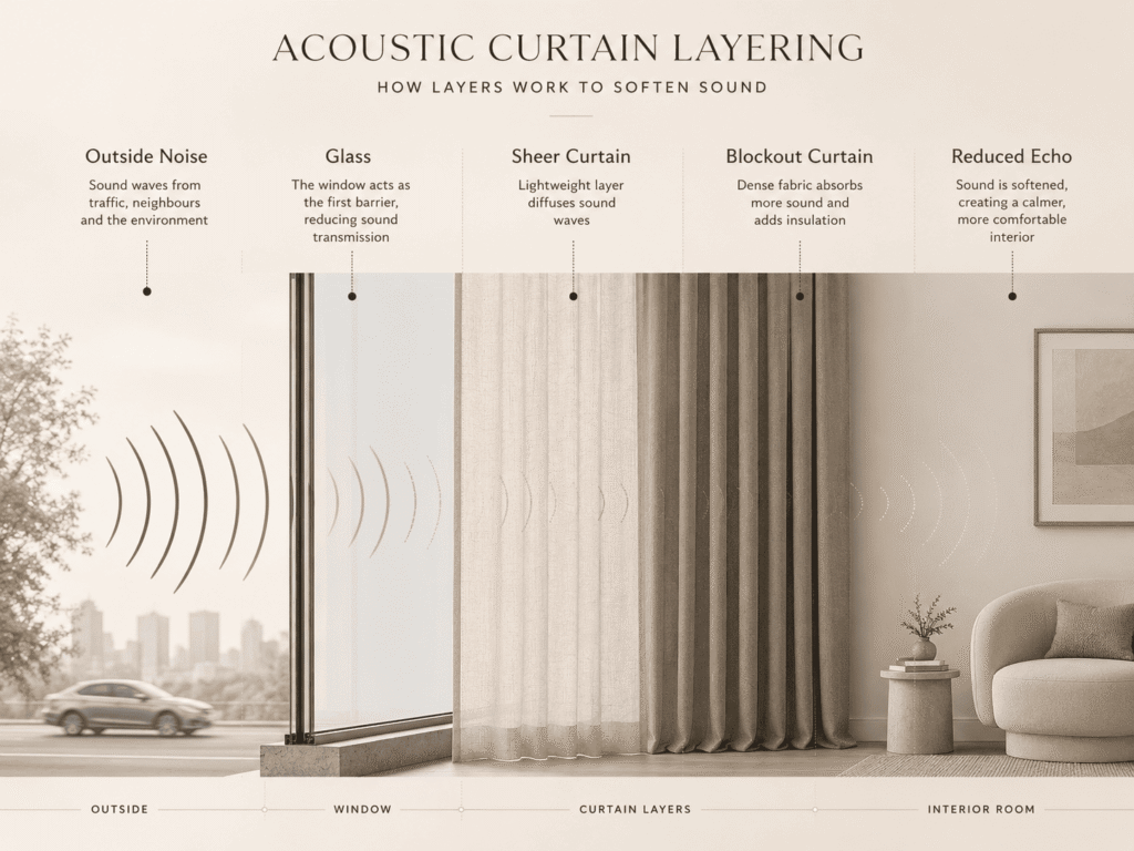 Acoustic curtain layering diagram showing sheer and blockout curtains reducing room echo