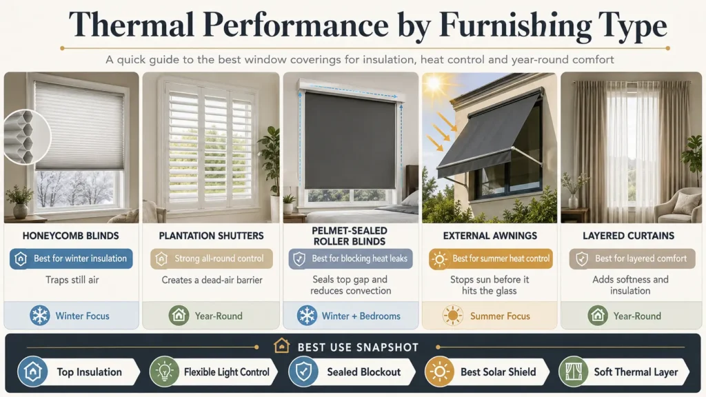 Comparison of honeycomb blinds, shutters, roller blinds, awnings and curtains for window thermal performance in Melbourne homes