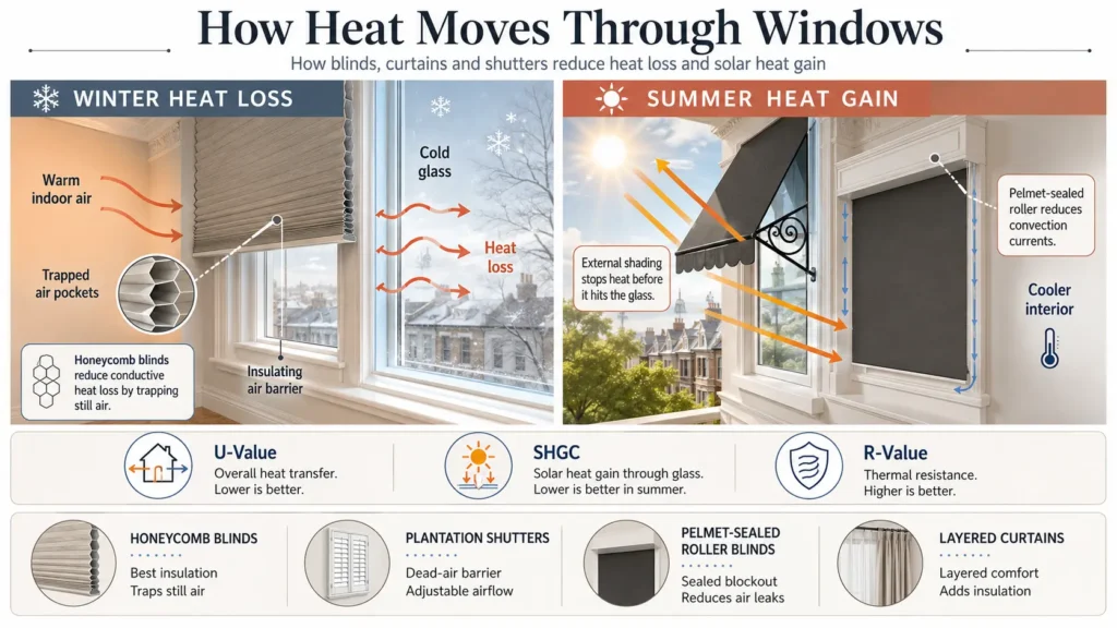 Diagram showing how blinds, curtains and shutters reduce heat loss and solar heat gain through windows