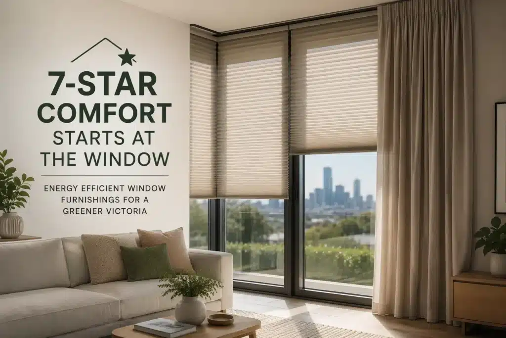 Energy efficient window furnishings in a Melbourne living room with honeycomb blinds and curtains for NatHERS 7-star thermal comfort