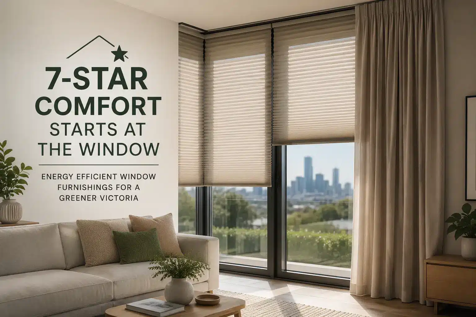 Energy efficient window furnishings in a Melbourne living room with honeycomb blinds and curtains for NatHERS 7-star thermal comfort